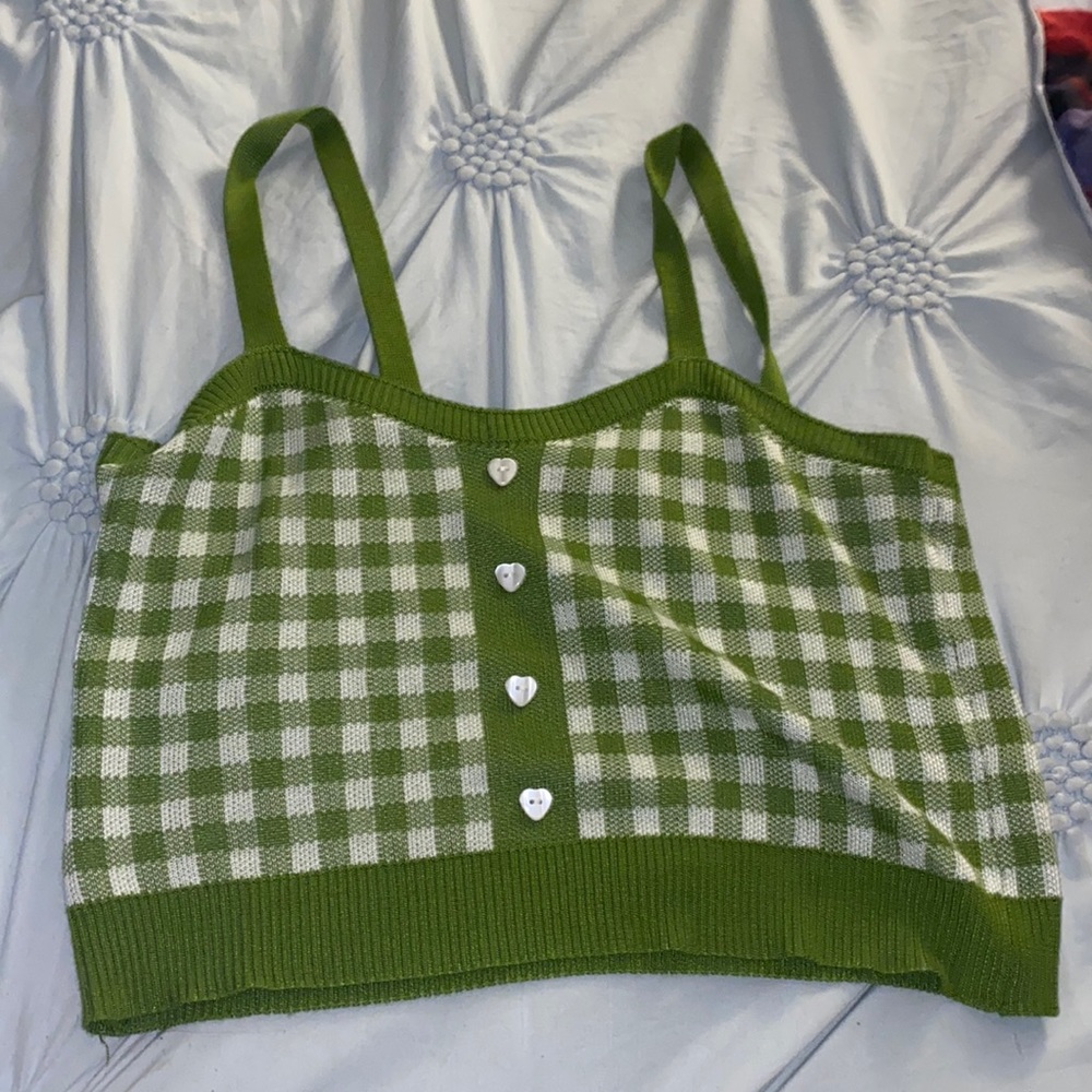 SHOP CIDER GREEN AND WHITE CHECKERED COTTAGECORE TANK TOP SWEATER